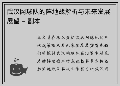武汉网球队的阵地战解析与未来发展展望 - 副本
