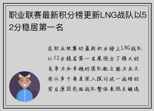 职业联赛最新积分榜更新LNG战队以52分稳居第一名